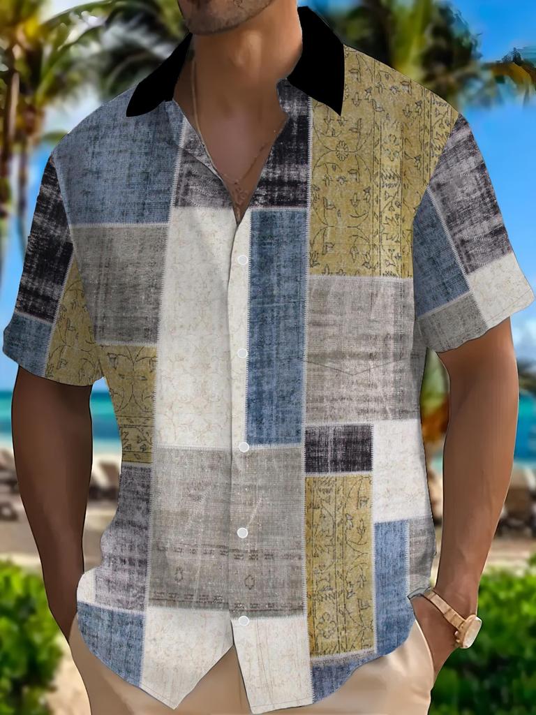 A Men's Fashion Short-sleeve Shirt with a Color Block Print Design, Plus-size Men's Casual Top with Comfortable Fabric