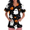 Women's Fashion Short Sleeve Halloween Printed V-Neck Pocket Workwear Tops