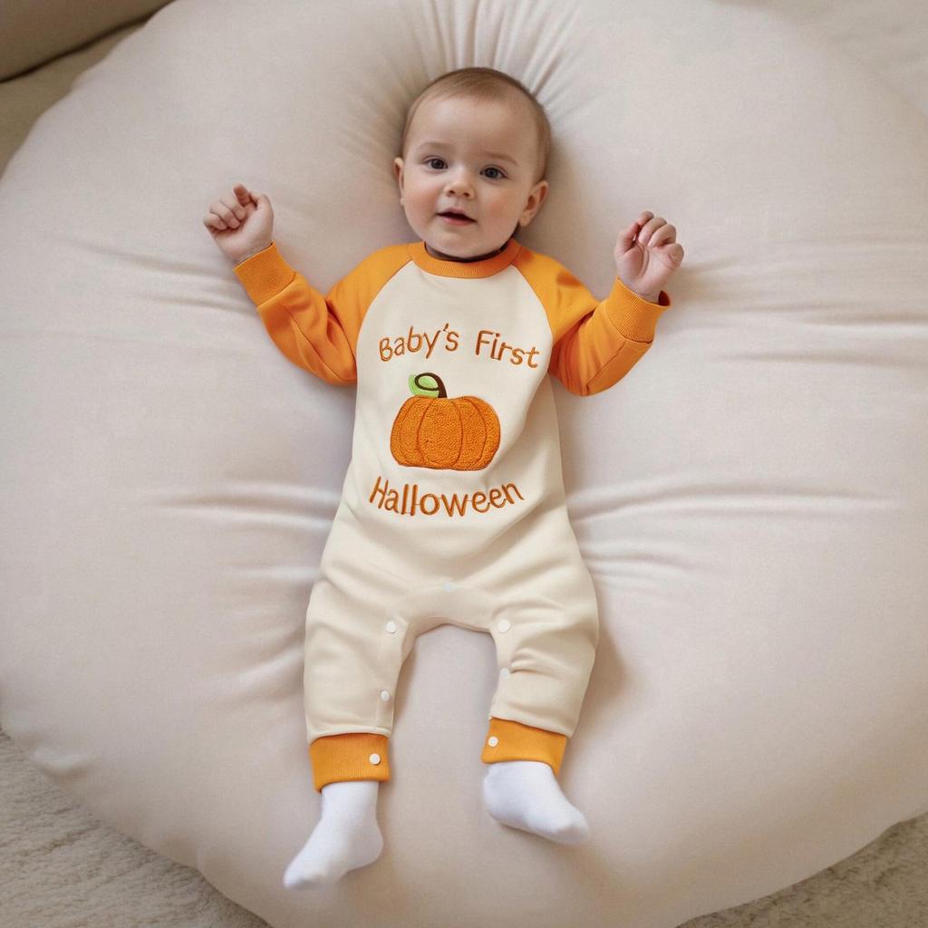 Baby Boy Pumpkin Embroidery Halloween Romper - Super Cute & Perfect for Outdoors