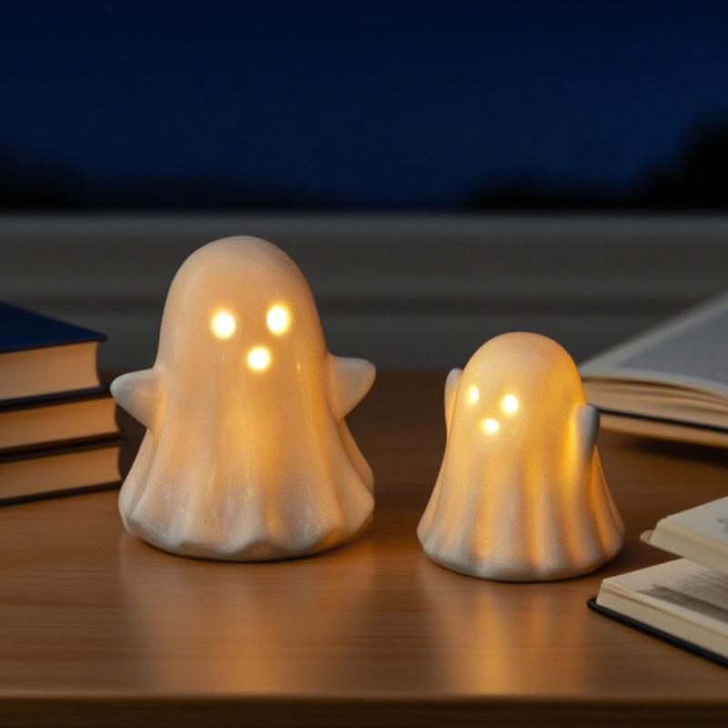 2Pcs Halloween Ceramic Ghostly Figurines With Soft Glows Night Light Handcrafted Holiday Decoration for Bedroom Party Decoration Collectibles