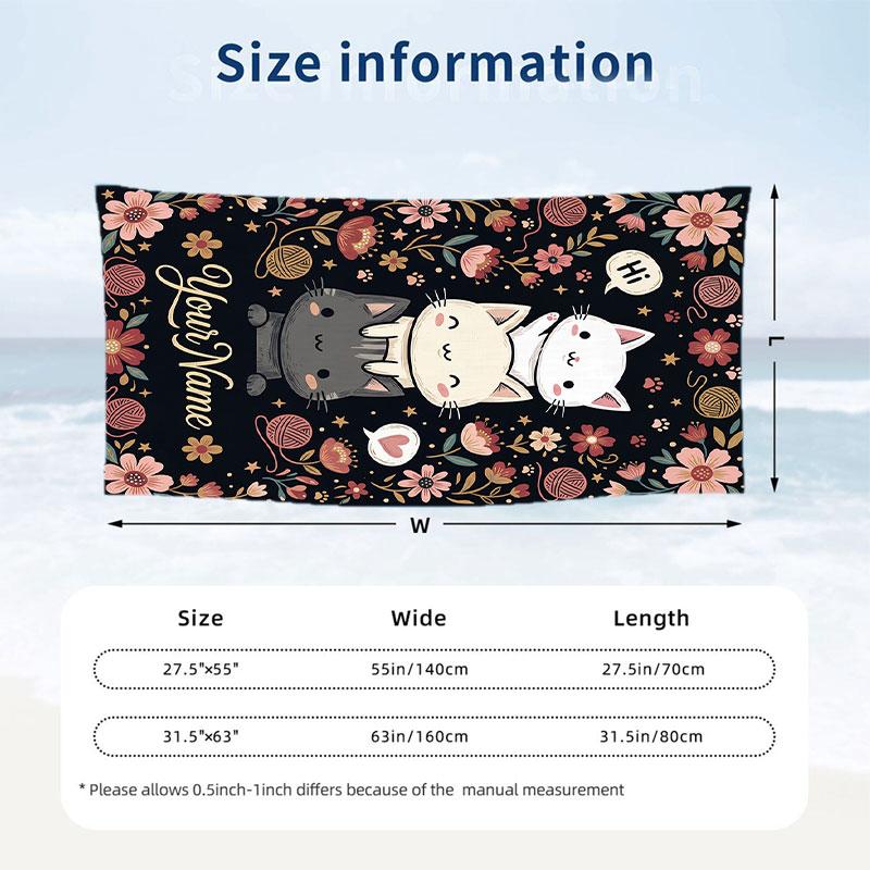 Floral Cat Portrait 1 Theme Quick Dry Beach Towel Custom Name Text Print Large Sand Resistant Towel Beach Vacation