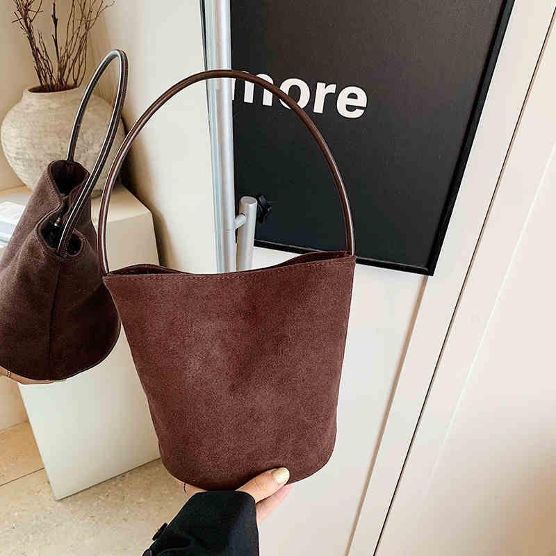 Retro Handbags For Women Trendy Suede Leather Solid Commuting Shoulder Bags Autumn Winter Women's Casual Versatile Bucket Bag