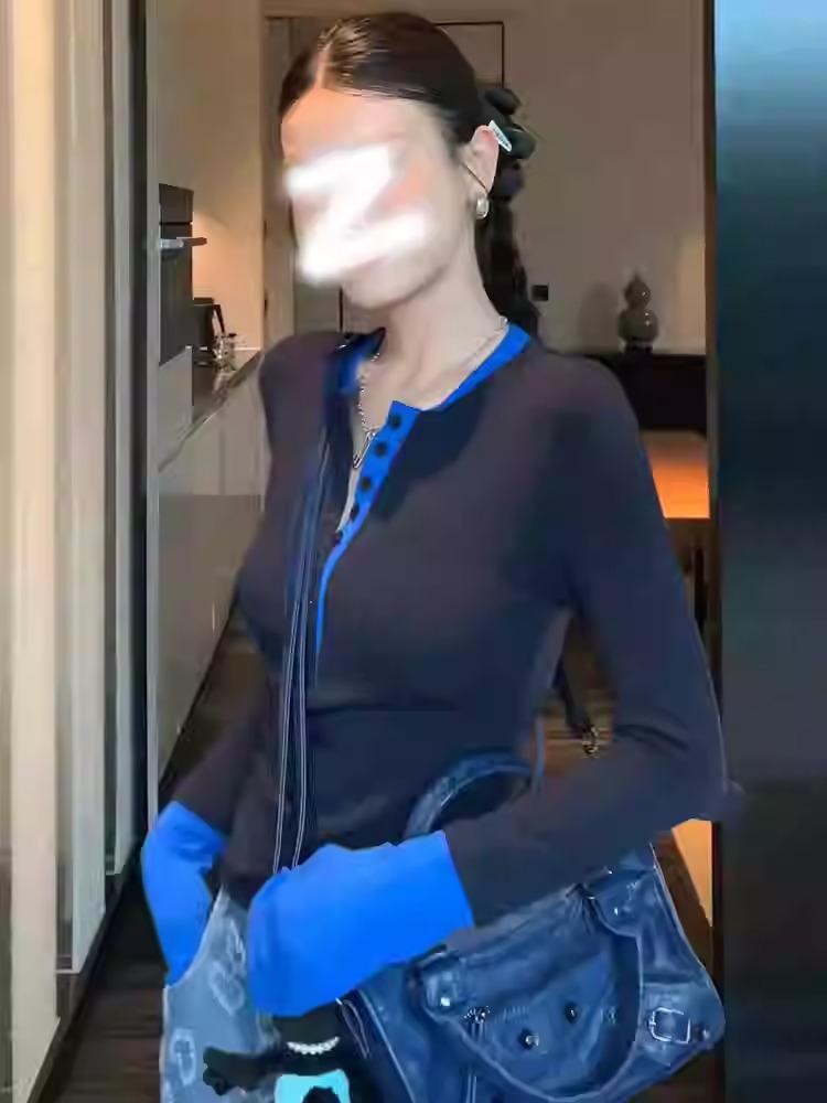 

Women s 2025 Early Autumn Color Block Long Sleeve Knitted Slim Fit Top XXXL синий