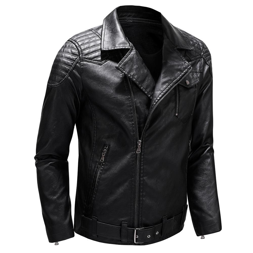 Autumn Men's New Solid Color Slim Zipper Handsome Oblique Zipper Jacket Leather Jacket