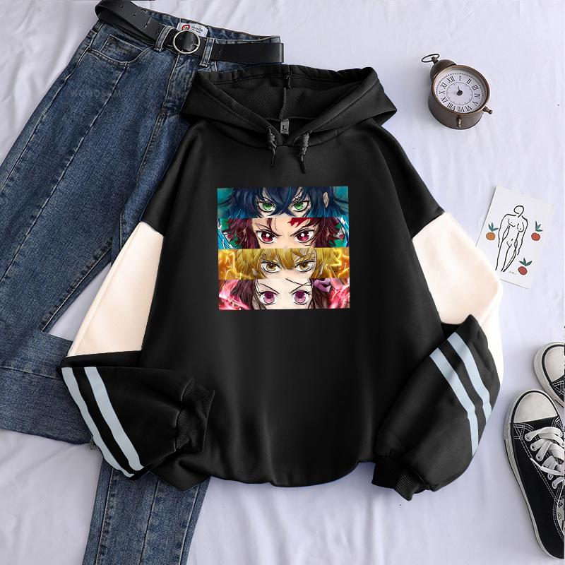Anime Demon Slayer Kamado Tanjirou/Nezuko Eyes Hoodies Funny Manga Cartoon Fashion Streets Unisex Oversize Patchwork Sweatshirts