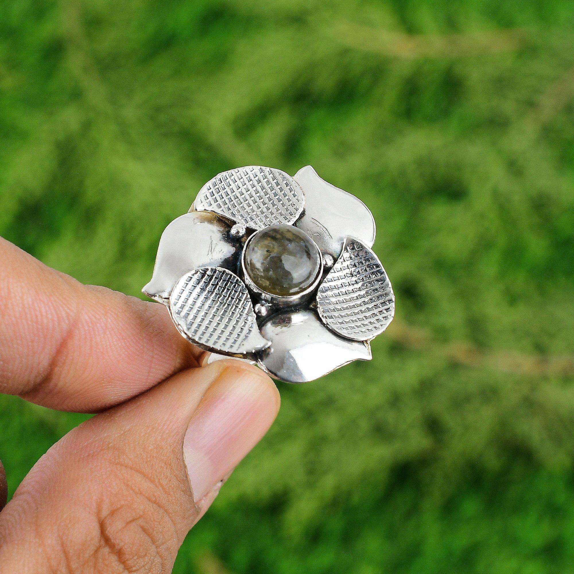 

Натуральный лабрадорит серебро 925 пробы кольцо-солитер цветок регулируемое для девочек Adjustable