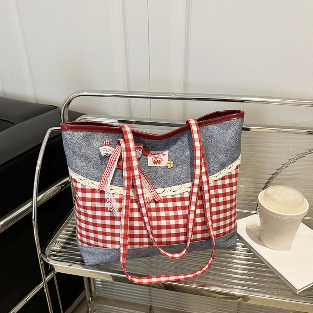 Korean Style Lattice Bow Shoulder Tote Bag Sweet Women's Underarm Bag Large Capacity Casual Fashion Shoulder Bag Handbag
