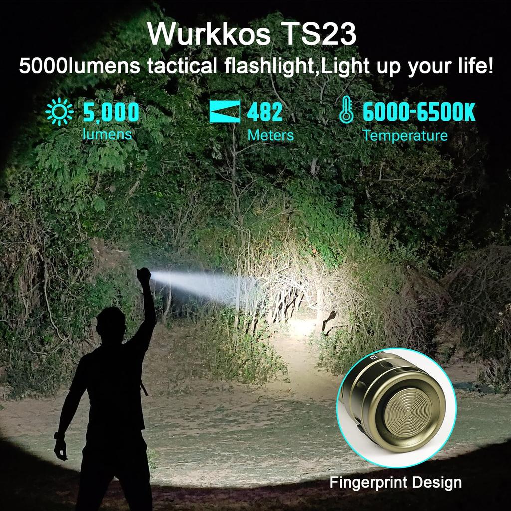 Wurkkos TS23 Rechargeable High 5000 Super 482M Long High RCI LED IP68 Waterproof for and Emergency Use Green Flashlight, Lumens, Bright, Range,