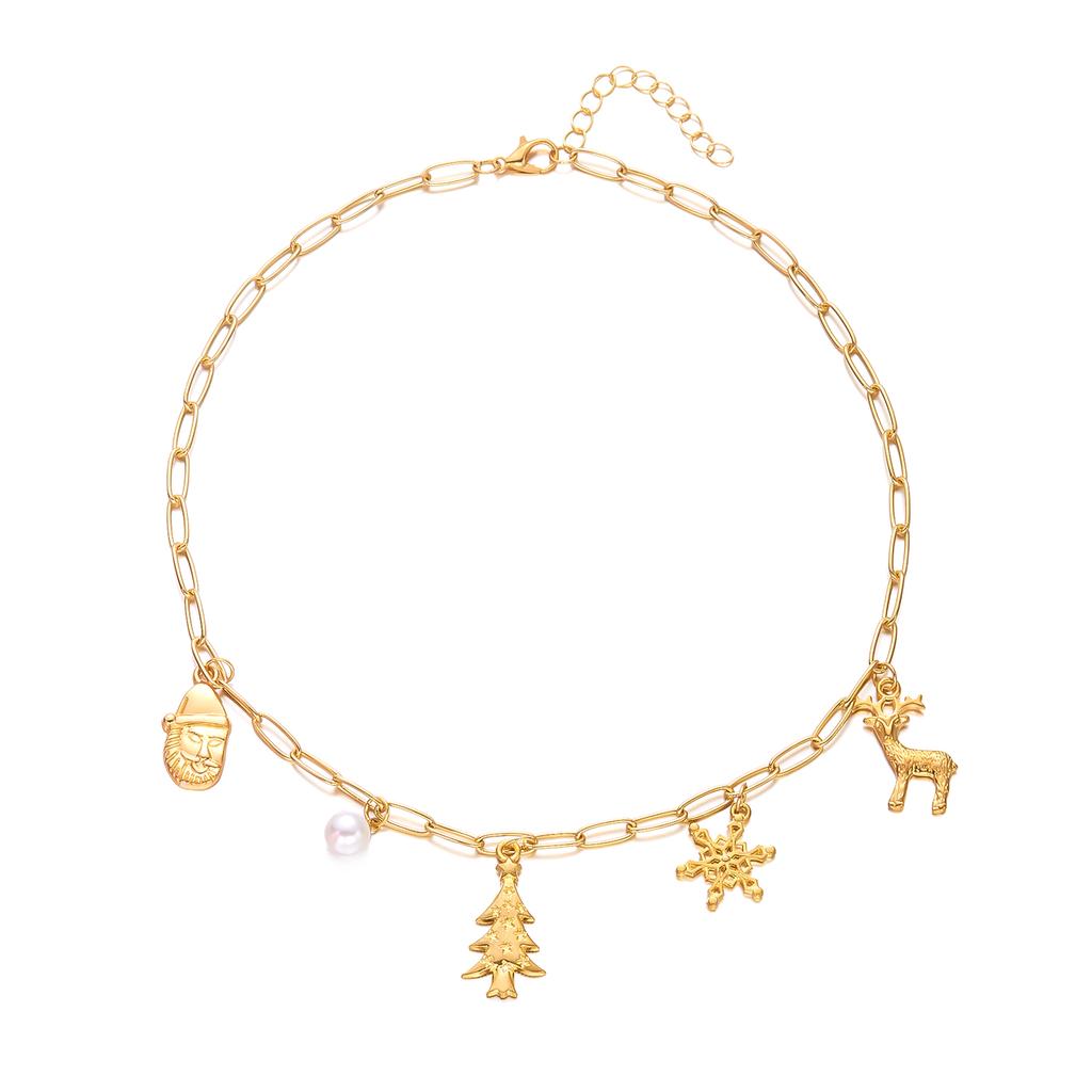 Delicate Christmas Tree Snowflake Elk Crystal Pendant Necklace for Women Fashion Xmas Metal Imitation Pearl Chain Party Jewelry