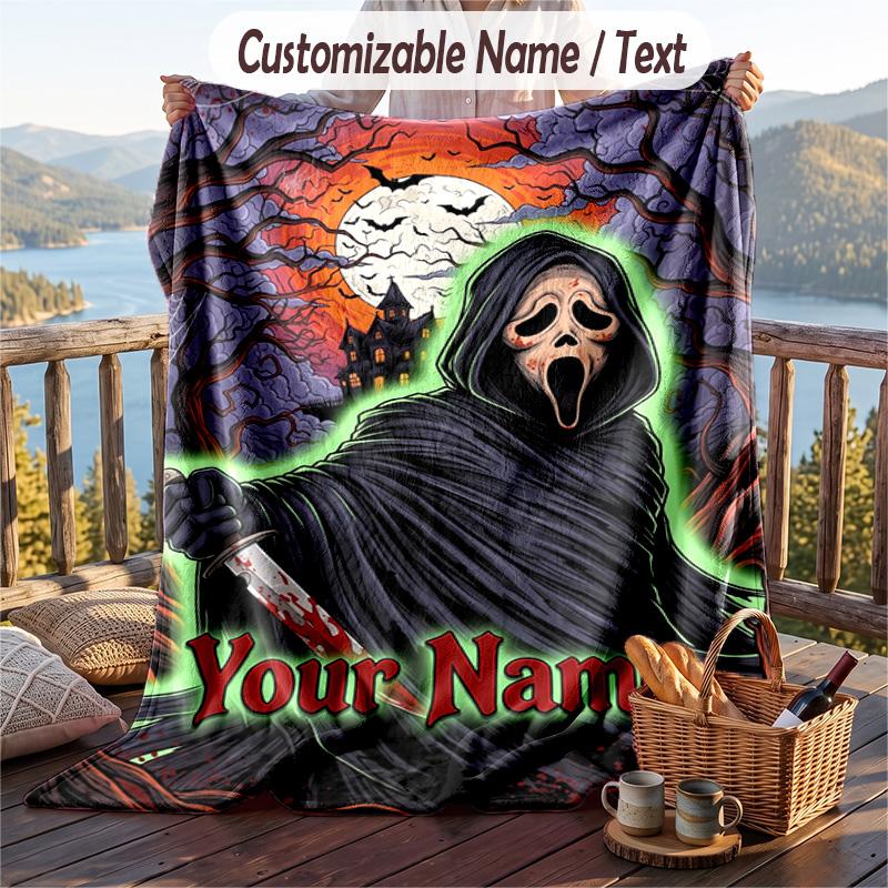 Custom Text Flannel Throw Blanket, Lightweight Cozy Bed Sofa BlanketScream Ghostface