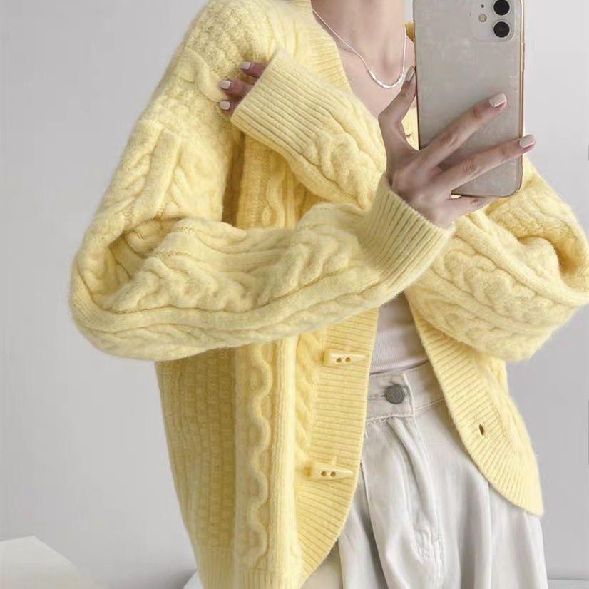 Horn Button Cable Knit Cardigan Autumn Winter Coat Short Lazy Round Neck Loose Sweater Top