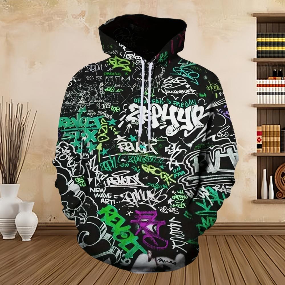 Sudadera con capucha estampada en graffiti flow para hombre, informal, moderna, de manga larga, top deportivo, sudadera con capucha de patrón colorido para hombre urbano