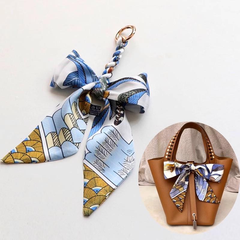 Luxury Blue Silk Scarf Bow Handbag and Car Keychain Pendant with D Letter