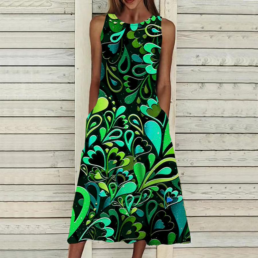 Summer Fashion Sexy Sleeveless Dress Soft Casual 3D Leaf Pattern Print Dress Sleeveless Sling Dress Summer Suspender Dress