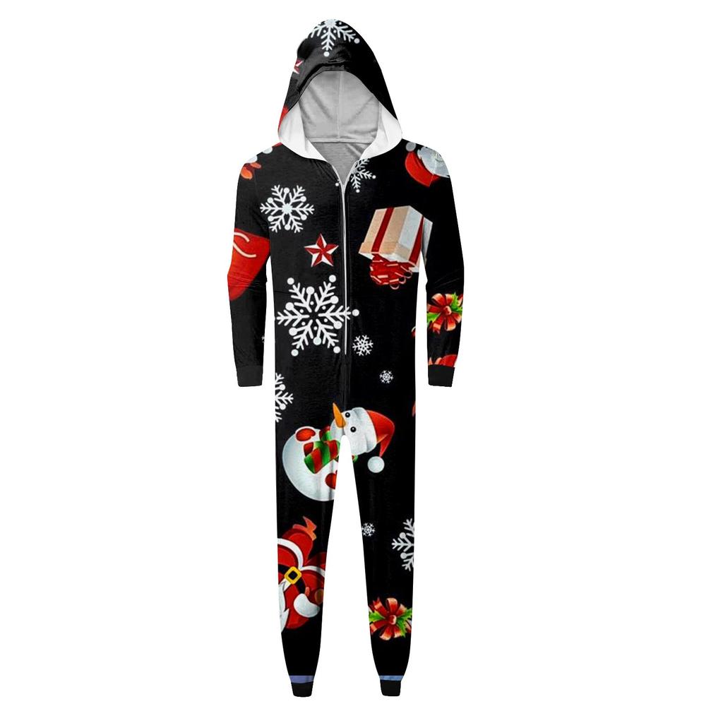 Christmas Print Family Matching Hooded Long Sleeved Zippered Jumpsuit Set
