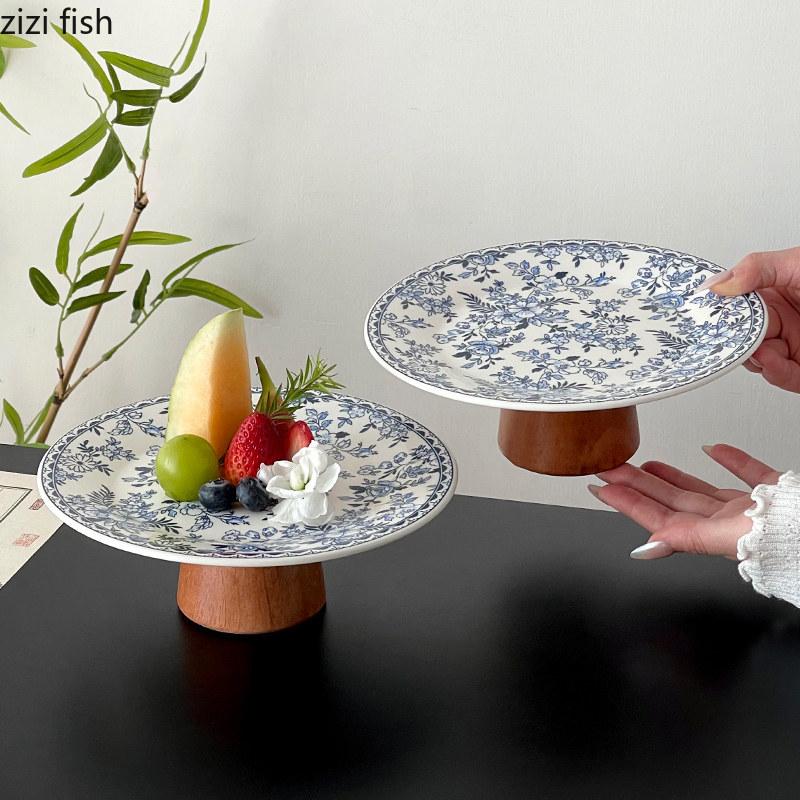 Blue and White Dessert Plate High Footed Fruit Plate Cake Stand Pastry Plates Refreshments Tray Bread Plates Dim Sum Dish Bowl