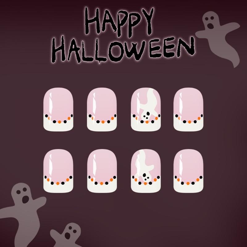 Halloween Press On Nail White French Manicure With Glittering And Bat Patterns 24 Reusable Faux Nail