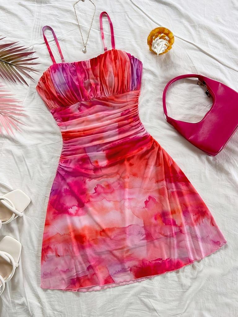 2025 Spring/Summer Floral Print Spaghetti Strap Dress: Waist-Cinching, Sexy Vacation Style for Women