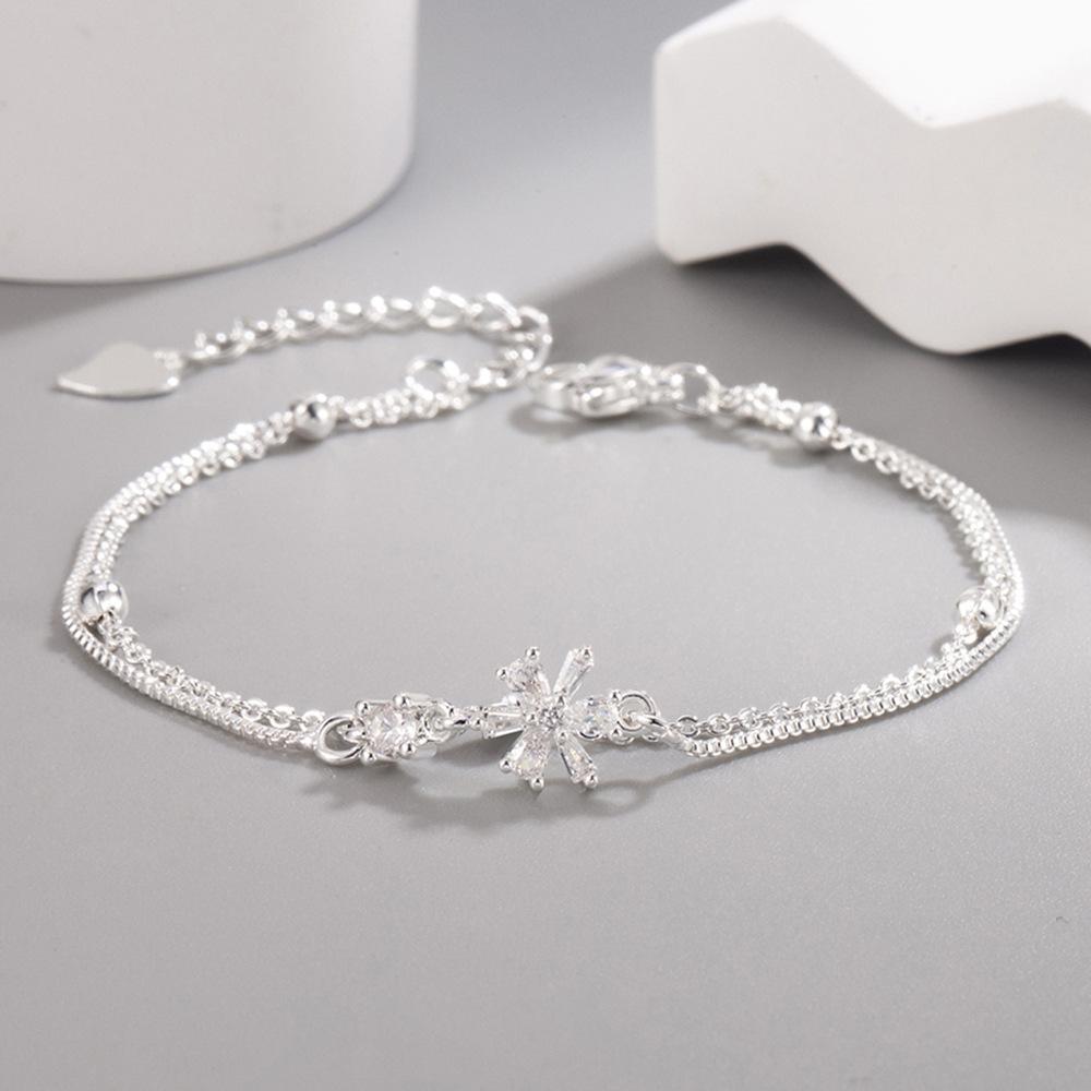 925 Sterling Silver Sweet Fashion Double Romantic Cherry Blossom Zircon Bracelet Birthday Anniversary Party Gift