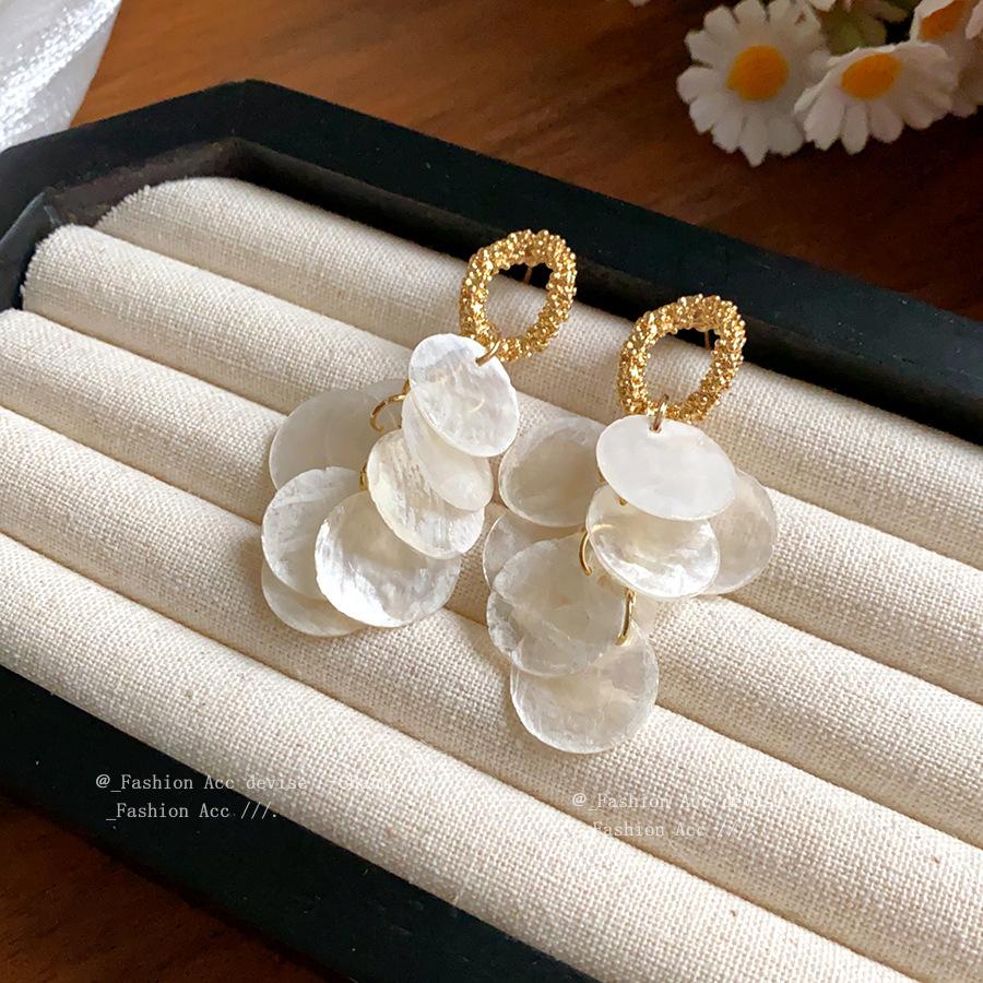 Silver Needle Geometric Shell Fringed Earrings French Exquisite Temperament Earrings Women's Elegant Fashion Earrings Design Sense Niche