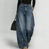Metal Round Hole Casual Loose High Waist Wide Leg Jeans Women's Washed Cat Beard Ground White Jeans European and American