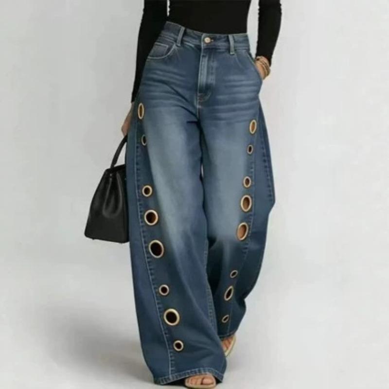 Metal Round Hole Casual Loose High Waist Wide Leg Jeans Women's Washed Cat Beard Ground White Jeans European and American