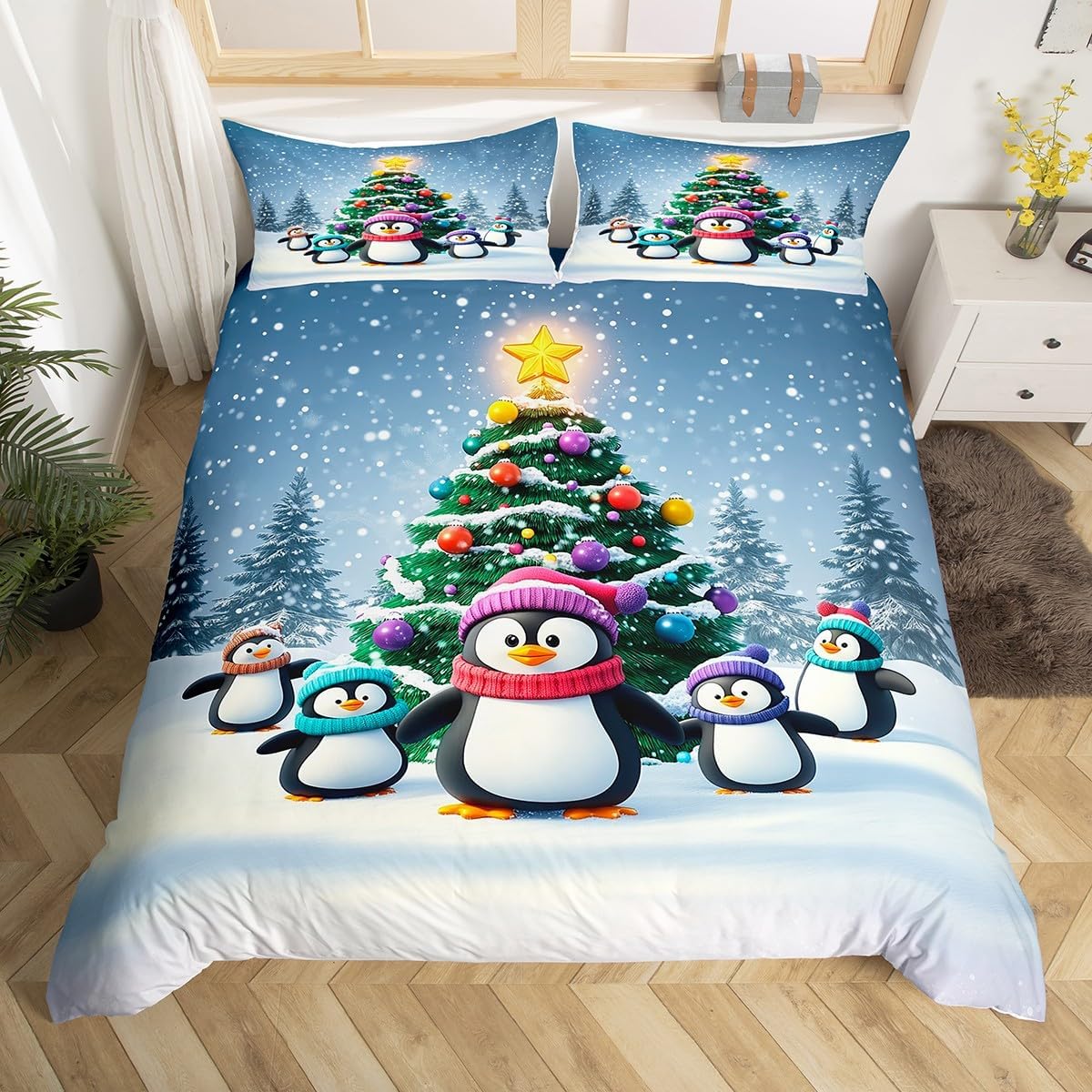 

Cartoon Penguin Duvet Cover Full King For Girls Boys New Year Gift Christmas Theme Bedding Set Christmas Tree Comforter Cover EU Single(135*200cm)3pcs