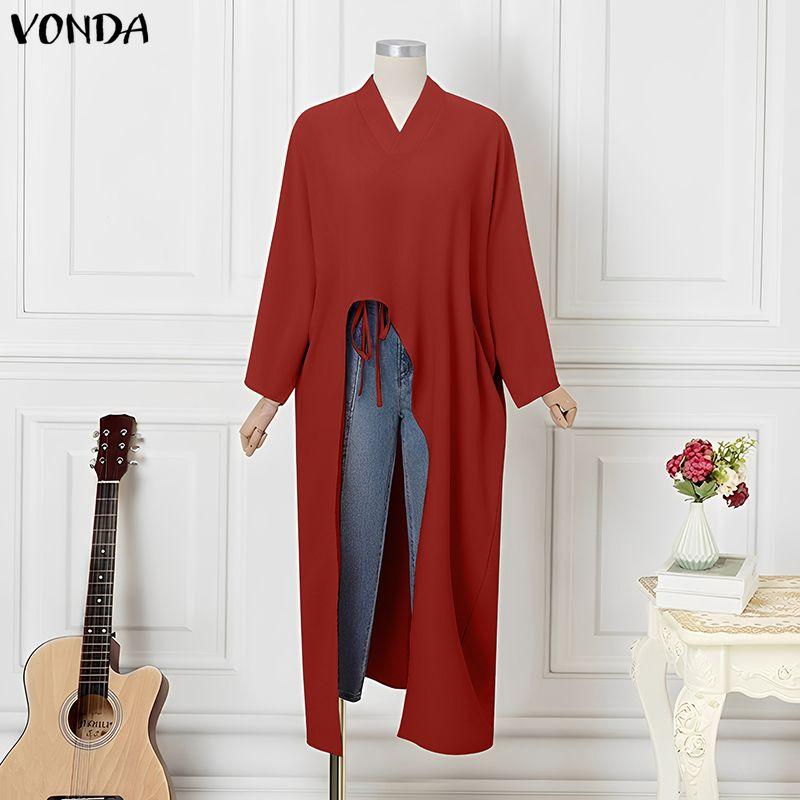 VONDA Plus Size Women Casual Loose V Neck Long Sleeve High Split Irregular Long Blouse Tops