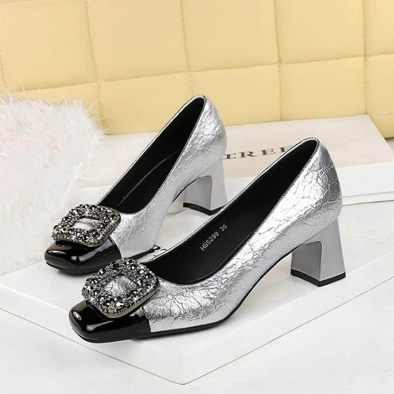 Fashion Banquet Thick Heel Women's Shoes Color-Blocked Square Toe Light Mouth Sparkling Metal Buckle High Heels Single Shoes