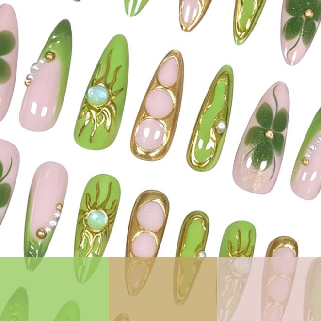 30 Pieces Of Manicure Fresh Green 3D Three-Dimensional Relief Pearl Glitter Long Tip Nail Wearing Nail