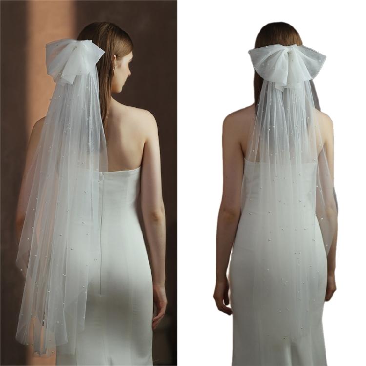 Flower Girl Veil Pearls Bow Hair Wedding Headpeice White Sheer Head Covering