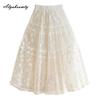 2026 Korean Fashion Spring Summer Women Midi Lace Skirt High Waist Black White Beige Floral Embroidery Skirt Elegant Feminine Tierred Skirts Womens