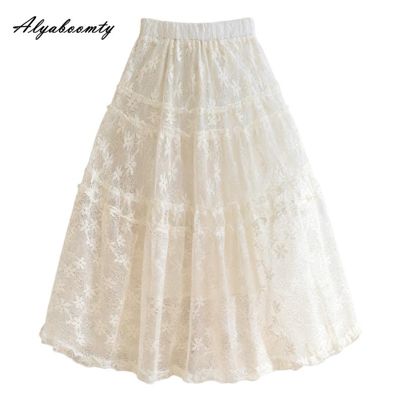 2026 Korean Fashion Spring Summer Women Midi Lace Skirt High Waist Black White Beige Floral Embroidery Skirt Elegant Feminine Tierred Skirts Womens