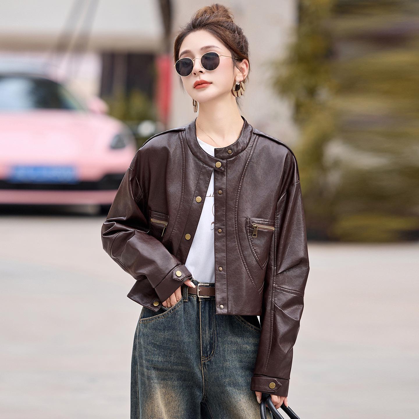 

Women s 2025 Sheepskin Leather Jacket: Short, Round Neck, Petite Versatile, Trendy Coat L