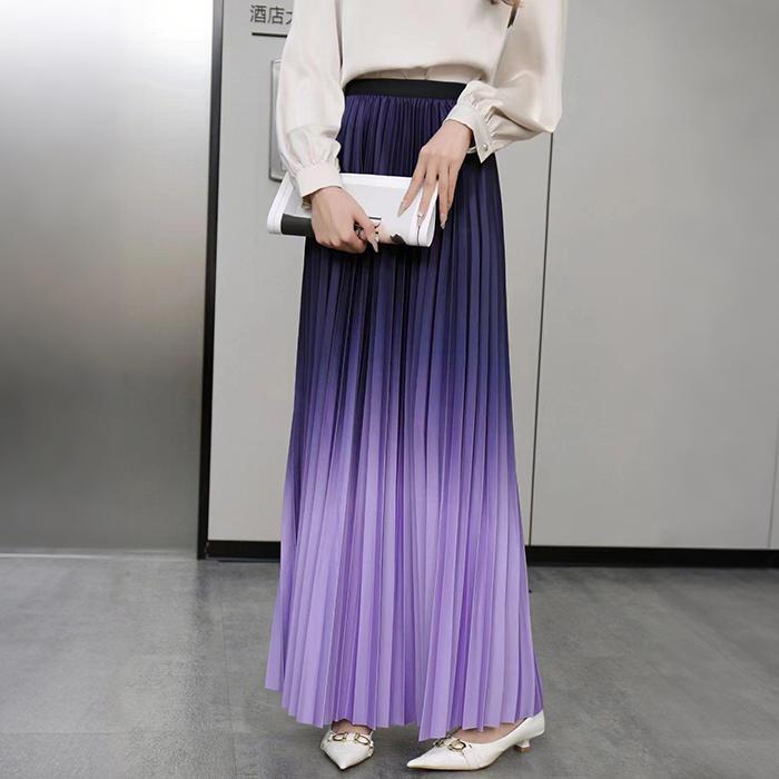 Women Spring Fall High Waist All Match Gradient Color Pleated A Line Skirt