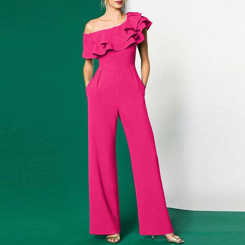 VONDA Kvinne off-shoulder krage volangerte kortermede lommer Ensfarget løs lang jumpsuit