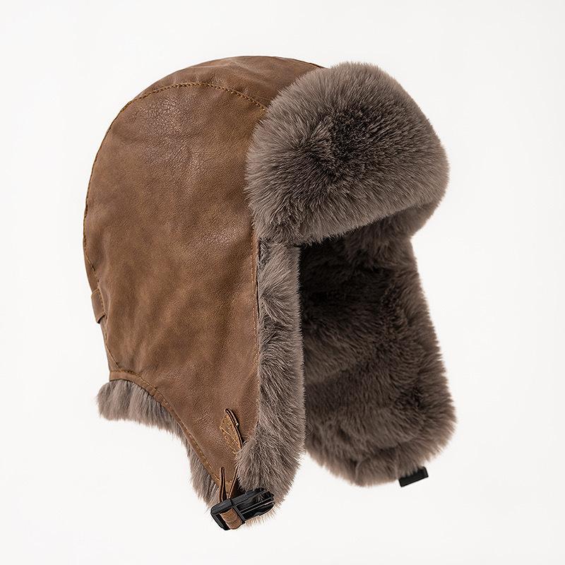 Leather Hat Lei Feng Hat Men Winter Thickened Pilot Warm Hat Women Northeast Windproof Cold Riding Headphones Bike Hat