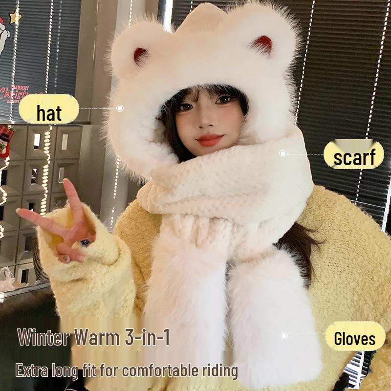 2025 Women's Cute Bear Hood: Winter Plush Hat, Scarf, Gloves Set