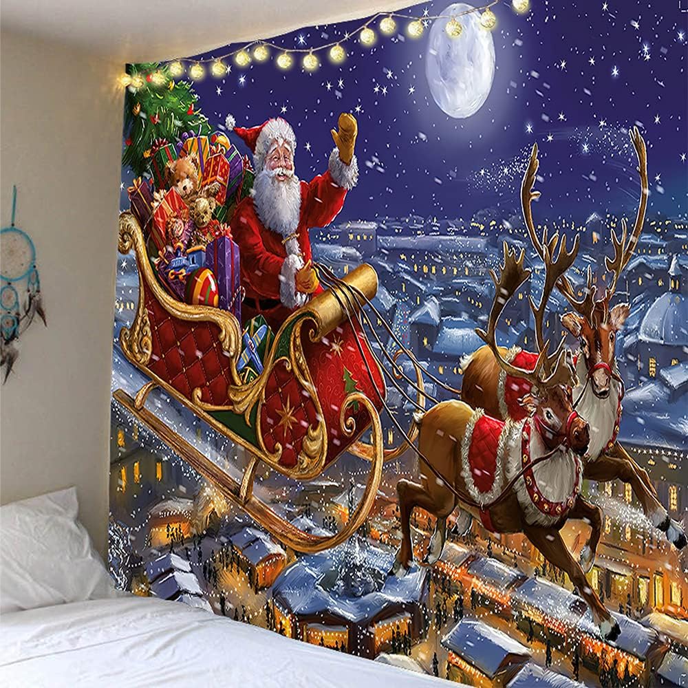 New Boss Christmas Santa Claus Fireplace Christmas Tree Tapestry Wall Hanging, Background Cloth Wall Decoration for Living Room,