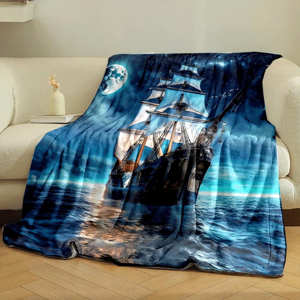 A Sailing Ship Beneath a Bright Moonlit Sky with Stars Over Calm Waters. for All Seasons Blanket Lunch Break Throw Gift