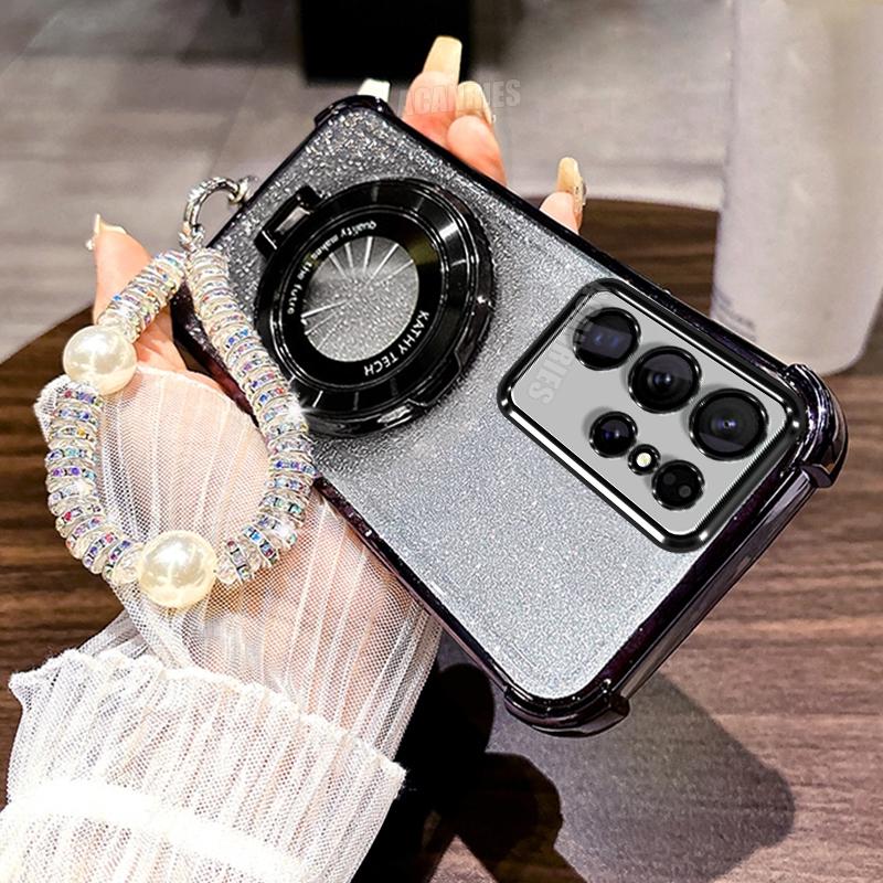 Lanyard Chain Plating Ring Holder Silicone Case For Samsung Galaxy S25 S21 S22 S20 S23 S24 Fe Plus Ultra Shockproof Stand Cover