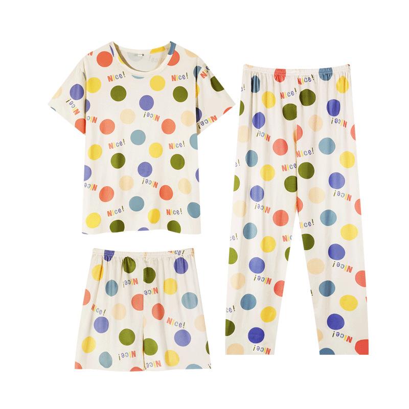 Summer Sweet Age-reducing Colored Spotted Pajamas Women's Round Neck Short-sleeved Three-piece Casual Large-size Women's Loungewear