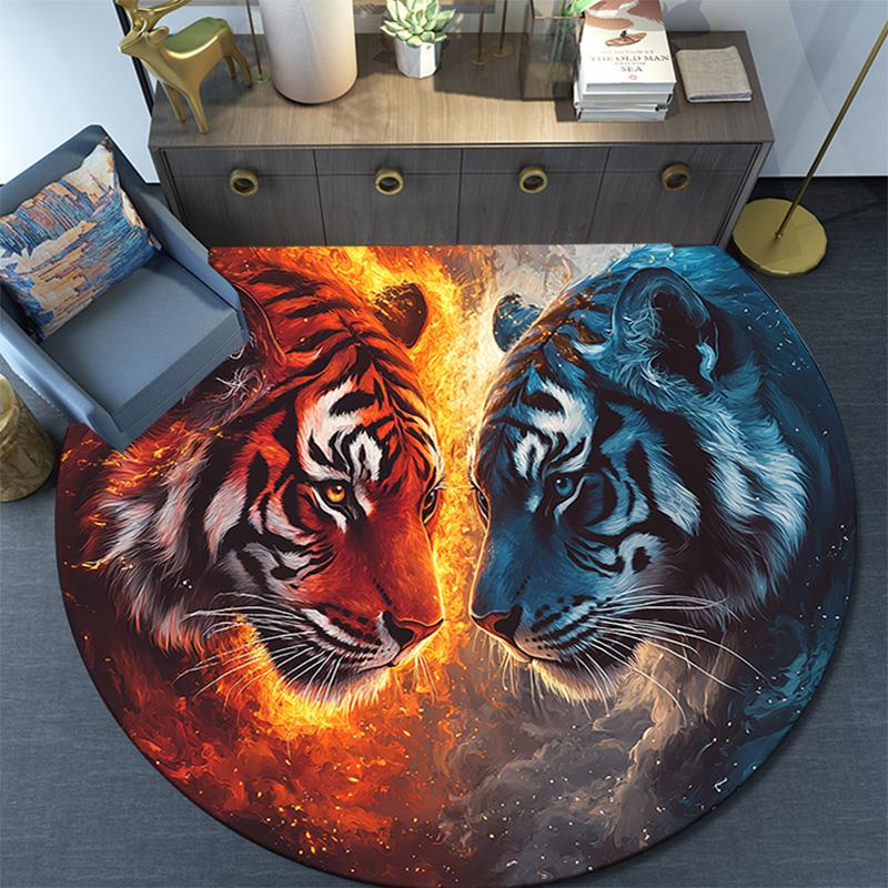 Yin Yang Tigers Round Area Rug,Carpet Rug for Living Room Bedroom Sofa Playroom Decor,Non-slip Floor Mat