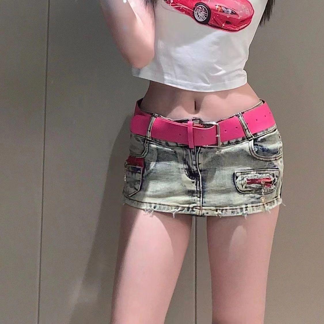 

Юбка мини из денима в стиле Y2K ретро с низкой посадкой – Сексуальная, стройнящая, А-силуэта для миниатюрных XS