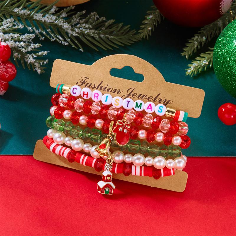 Christmas Multi-Layer Colorful Beaded Bracelet For Women Santa Claus Snowman Reindeer Snowflake Polymer Clay Bangle Jewelry