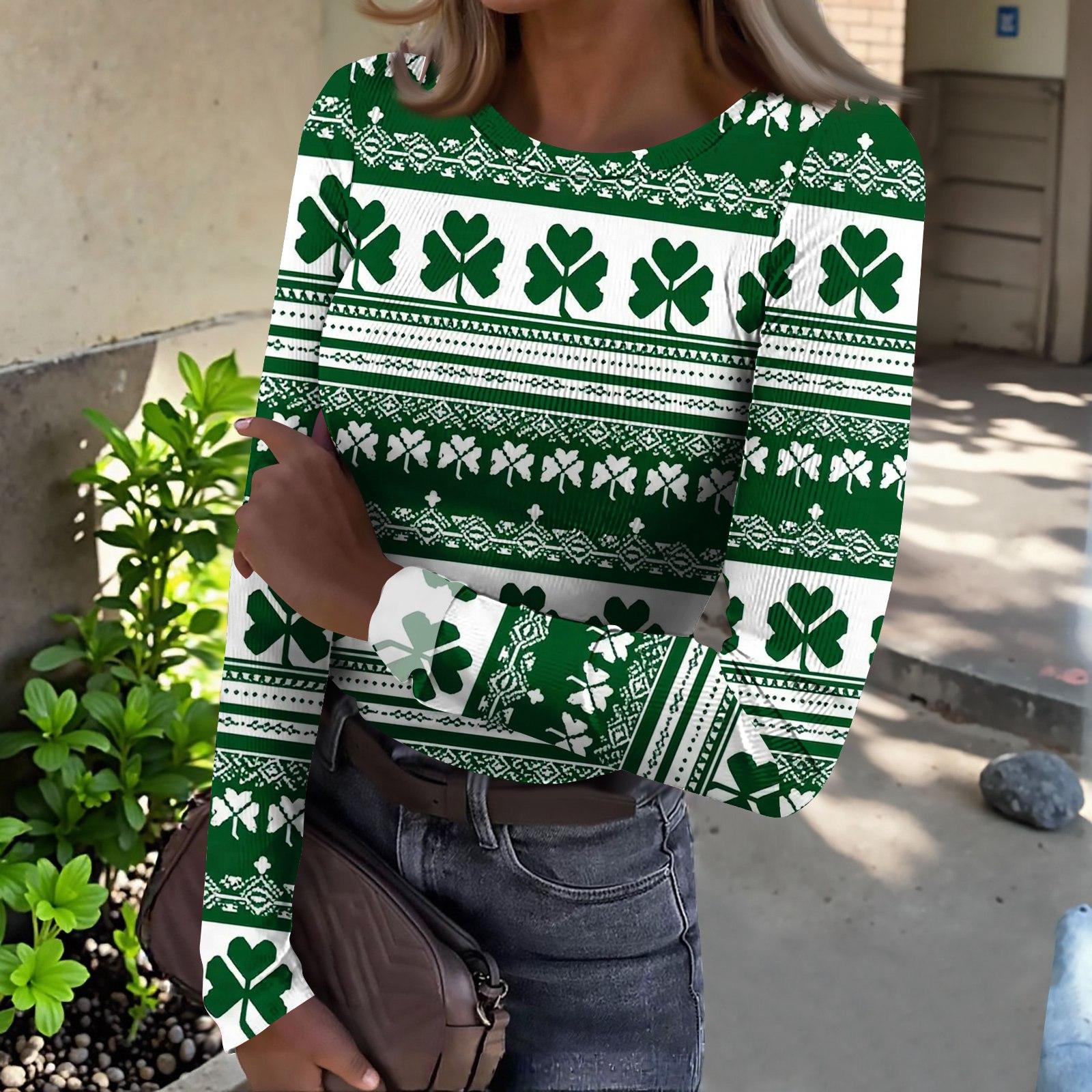 

Women s And Winter Slim T-shirt Fashion Casual Printing Round Neck Pullover Long Sleeve Top M зелений