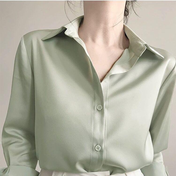 

Женский топ из французского сатина высокого класса, искусственный шелк - Идеально с джинсами для образа 2024 года для поездок на работу 2XL 65-72.5kg светло-зеленый