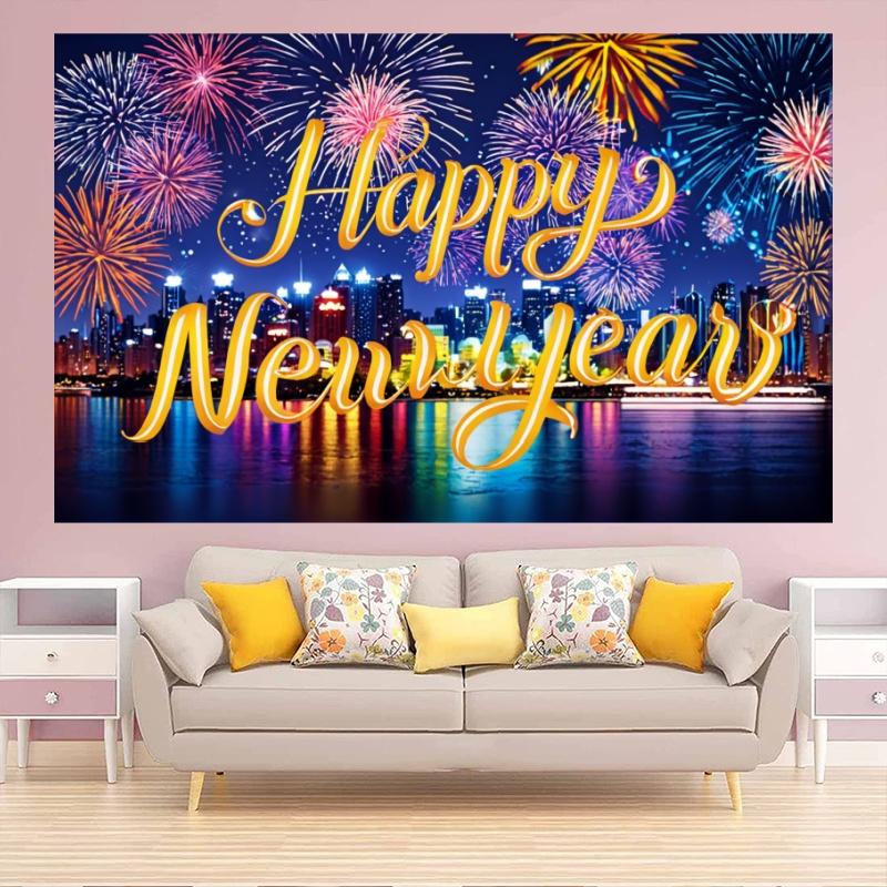2025 Happy New Year Colorful Theme Party Background Fireworks Golden Balloon Banner New Year Home Party Photo Background