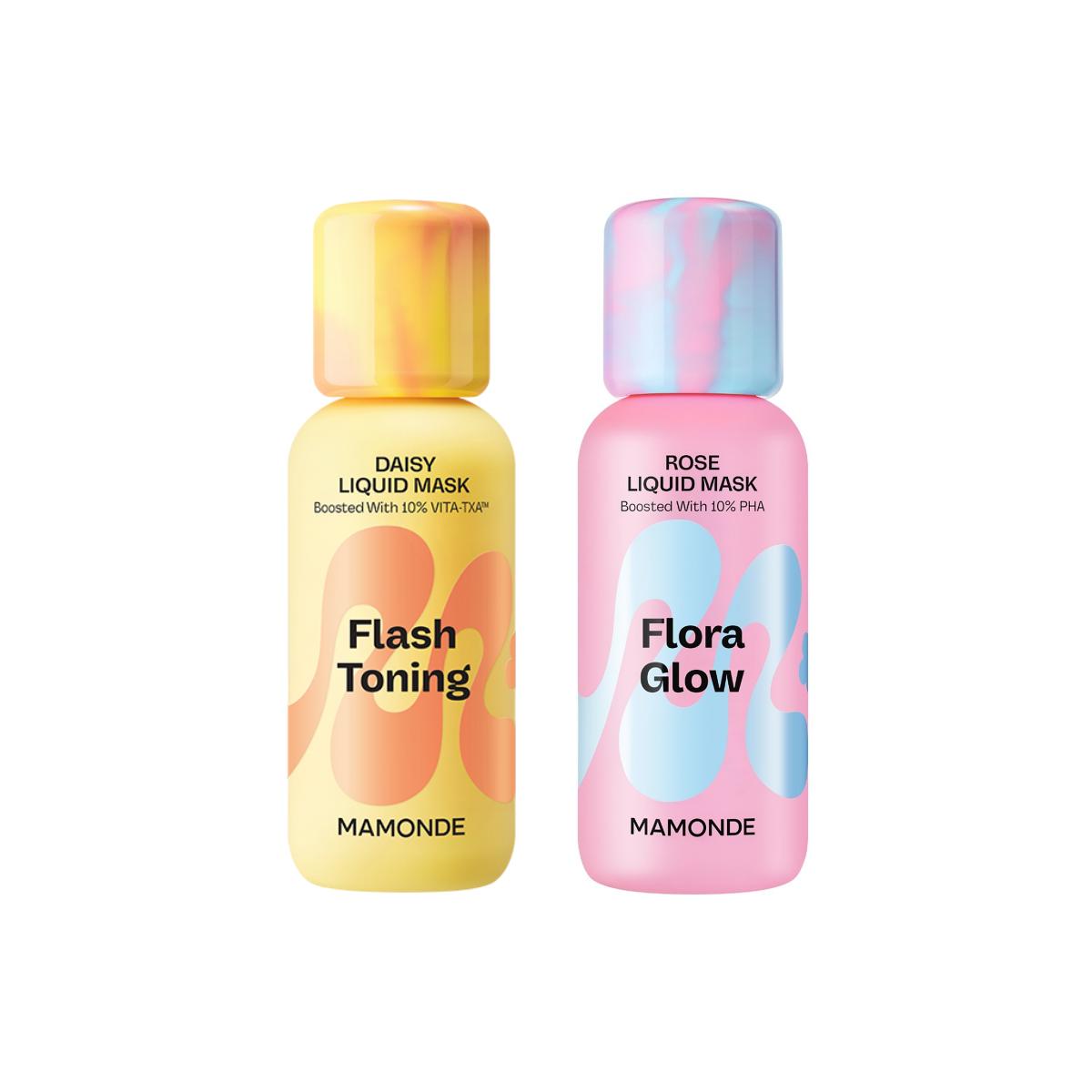 Mamonde Flora Glow Rose Liquid Mask 80ml + Flash Toning Daisy Liquid Mask 80ml Set (Skin-Refining Radiance & Brightening Facial Essence Duo)