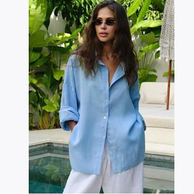 Bornladies 100% Cotton Spring Summer Versatile Lazy Casual Shirt Women's Fashionable Solid Color Loose Shirt Cardigan Shirt